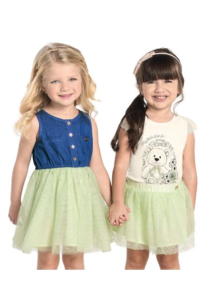 vestido jeans com tule infantil